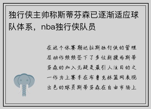 独行侠主帅称斯蒂芬森已逐渐适应球队体系，nba独行侠队员