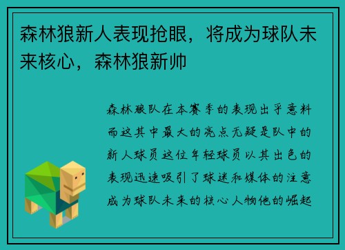森林狼新人表现抢眼，将成为球队未来核心，森林狼新帅