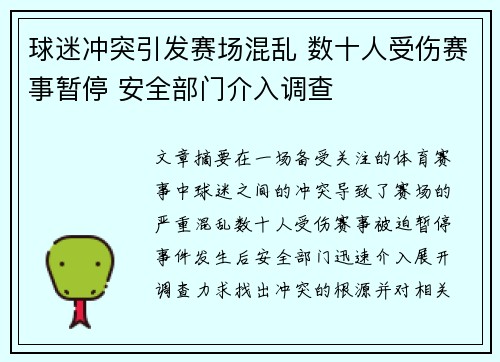 球迷冲突引发赛场混乱 数十人受伤赛事暂停 安全部门介入调查